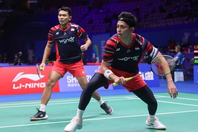 Fajar Alfian/Muhammad Rian Ardianto saat berlaga di China Masters 2024. (c) PBSI