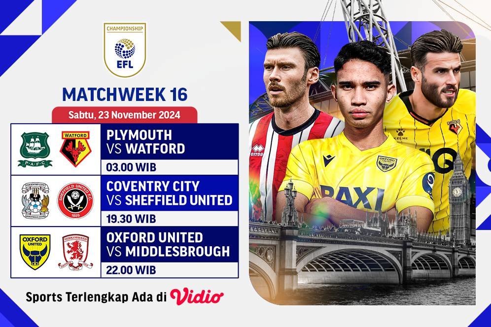 Jadwal Siaran Langsung Pertandingan EFL Championship 2024/25 Matchweek 16 di Vidio Jadwal Siaran Langsung Pertandingan EFL Championship 2024/25 Matchweek 16 di Vidio