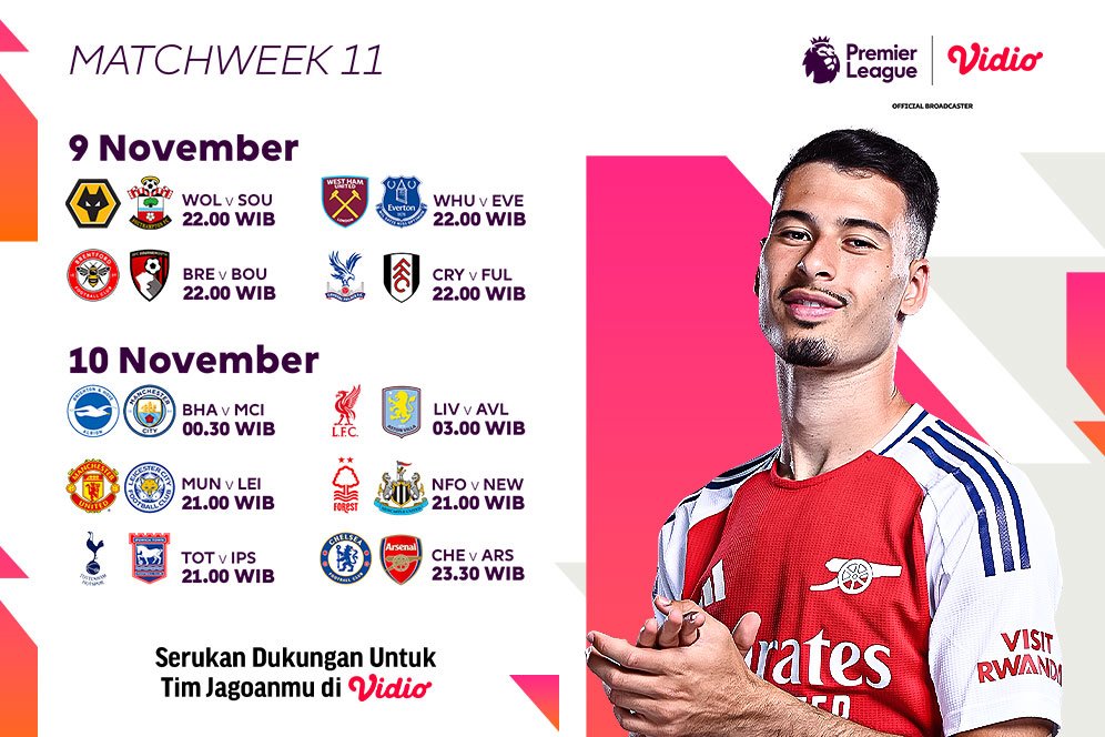 Jadwal Siaran Langsung Liga Inggris 2024/25 Matchweek 11 di Vidio Akhir Pekan Ini Jadwal Siaran Langsung Liga Inggris 2024/25 Matchweek 11 di Vidio Akhir Pekan Ini