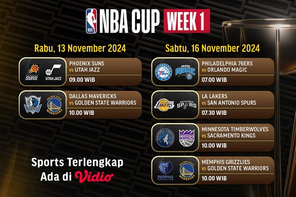 Jadwal Live Streaming Pertandingan Pekan 1 NBA Cup 2024/2025 di Vidio, 13-16 November 2024 Jadwal Live Streaming Pertandingan Pekan 1 NBA Cup 2024/2025 di Vidio, 13-16 November 2024