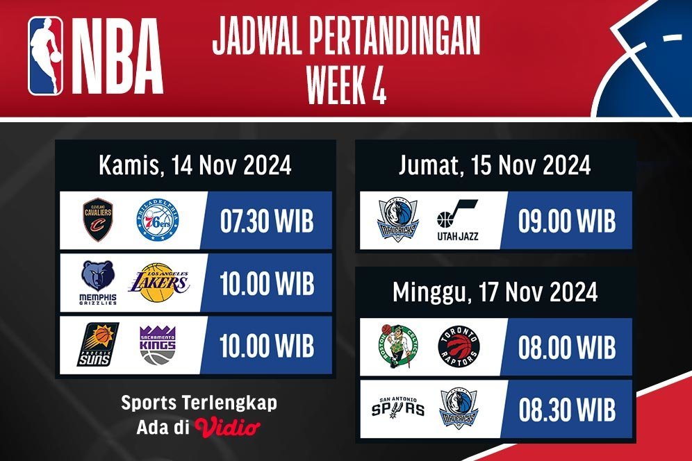 Jadwal Live Streaming Pertandingan Pekan 4 NBA 2024/2025 di Vidio Jadwal Live Streaming Pertandingan Pekan 4 NBA 2024/2025 di Vidio