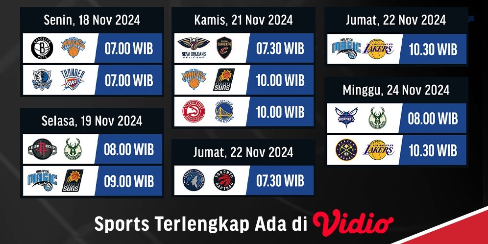 Jadwal Live Streaming Pertandingan NBA Season 2024/25 Week 5 Pekan Ini di Vidio