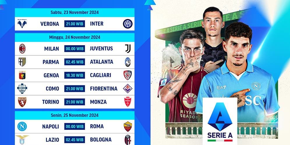 Jadwal Siaran Langsung Pertandingan Serie A 2024/25 Matchweek 13 Akhir Pekan Ini di Vidio