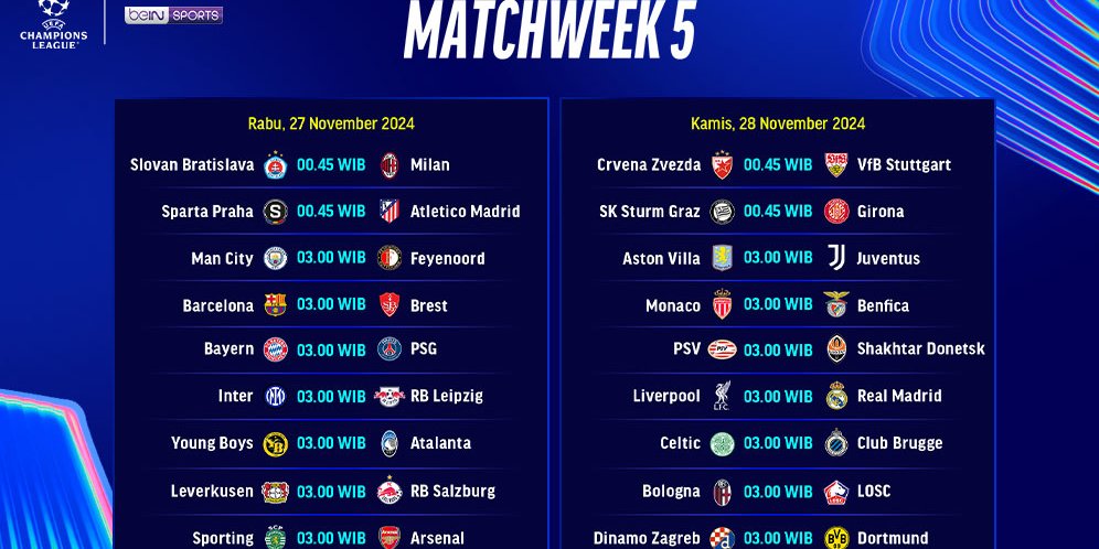 Jadwal Live Streaming Liga Champions 2024/25 Matchweek 5 di Vidio Pekan Ini