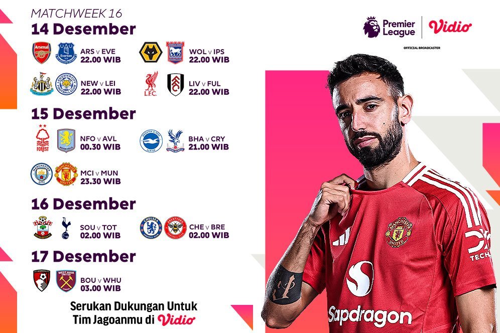 Jadwal dan Live Streaming Liga Inggris 2024/25 Matchweek 16 Akhir Pekan di Vidio Jadwal dan Live Streaming Liga Inggris 2024/25 Matchweek 16 Akhir Pekan di Vidio