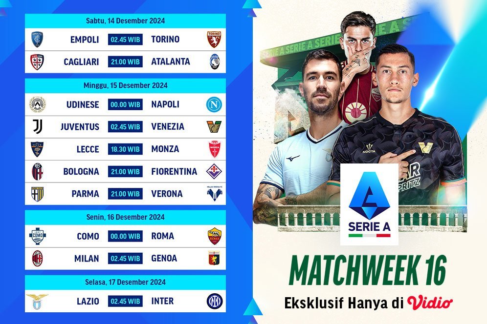 Jadwal Live Streaming Serie A 2024/25 Matchweek 16 di Vidio Pekan Ini