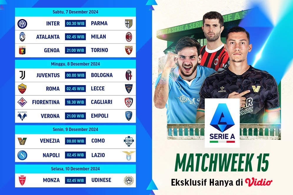 Jadwal Siaran Langsung Liga Italia 2024/25 Matchweek 15 di Vidio