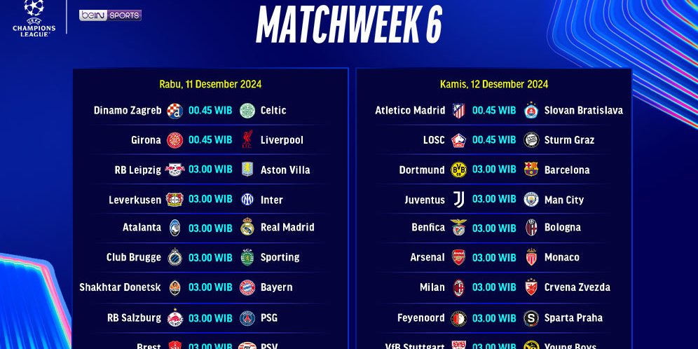 Jadwal Siaran Langsung Liga Champions 2024/25 Matchday ke-6 di Vidio Pekan Ini