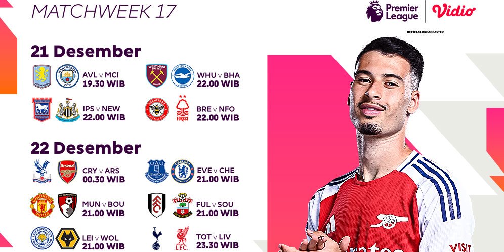 Jadwal Live Streaming Liga Inggris 2024/25 Matchweek 17 di Vidio Akhir Pekan Ini