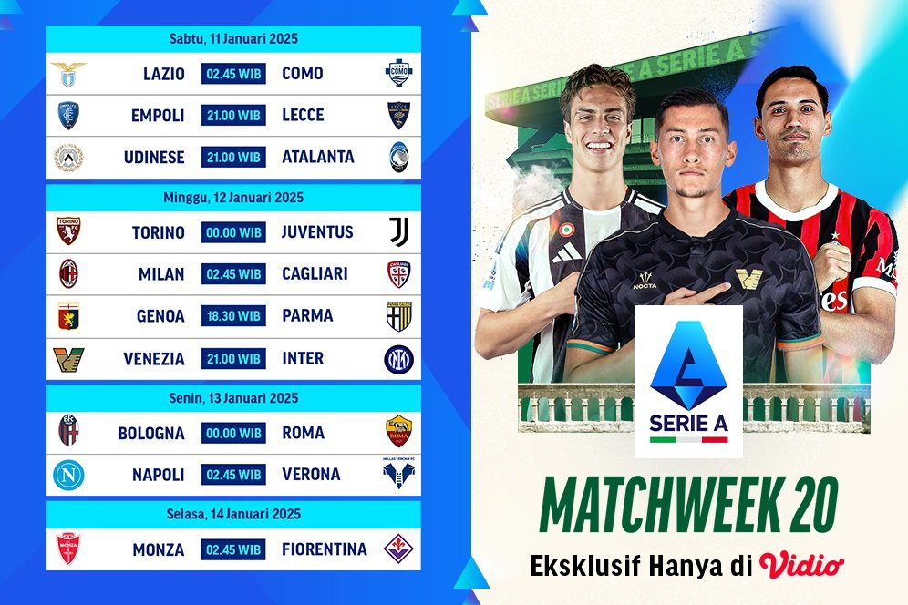 Jadwal Live Streaming Liga Italia 2024/25 Matchweek 20 di Vidio