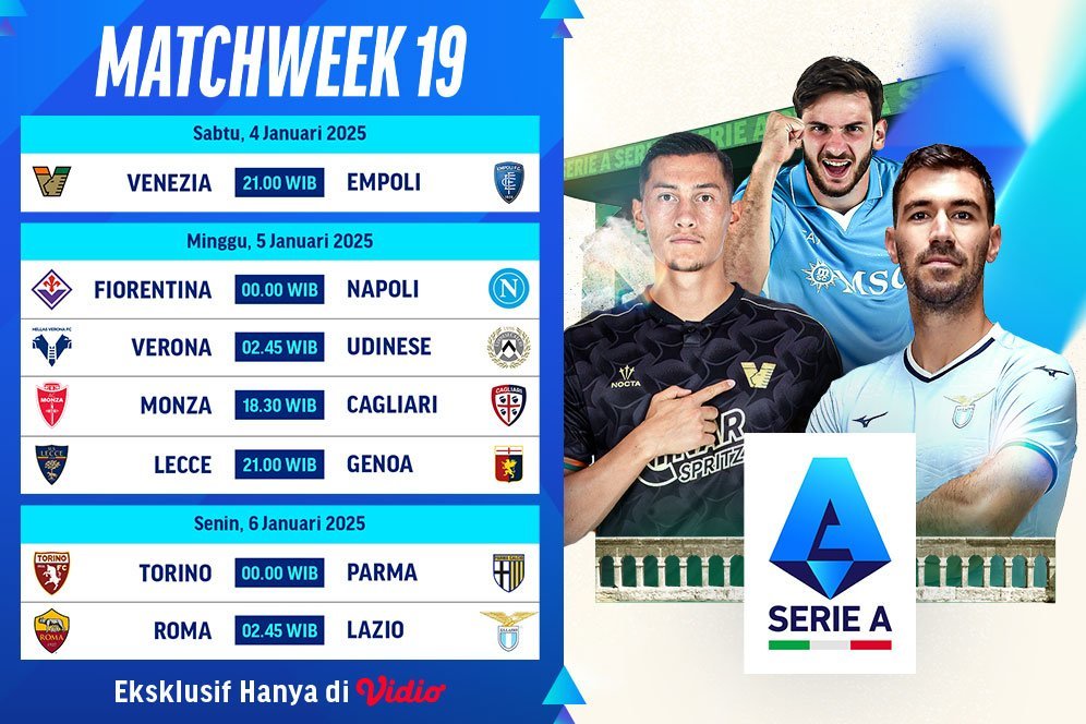 Jadwal dan Link Live Streaming Serie A 2024/25 pada Matchweek 19 di Vidio Jadwal dan Link Live Streaming Serie A 2024/25 pada Matchweek 19 di Vidio