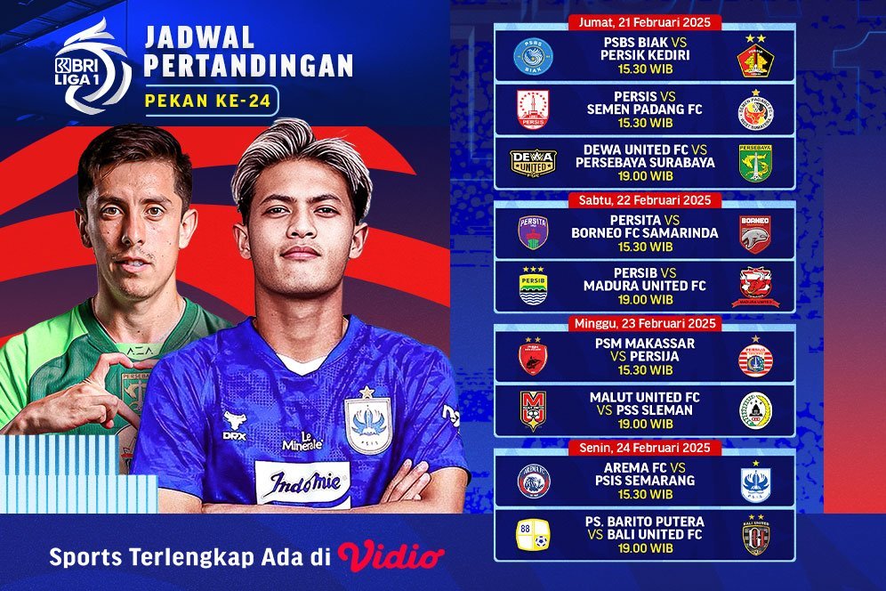 Jadwal dan Live Streaming BRI Liga 1 2024/25 Matchweek ke 24 di Vidio Pekan Ini
