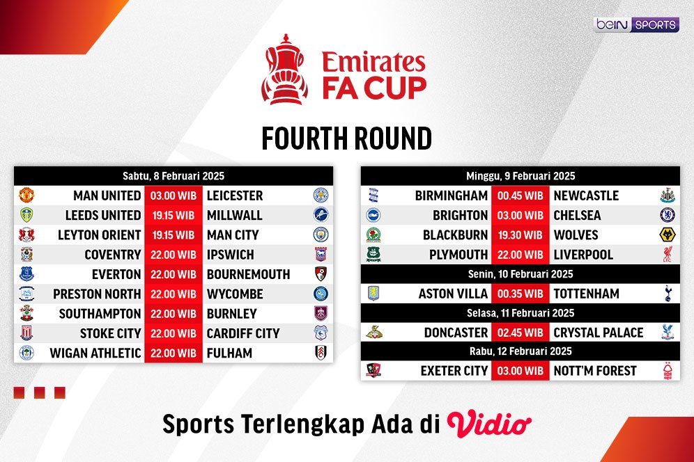 Jadwal dan Link Live Streaming FA Cup 2024/25: 4th Round di Vidio Jadwal dan Link Live Streaming FA Cup 2024/25: 4th Round di Vidio