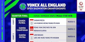 Live Streaming BWF Yonex All England Open Badminton Championship 2025 Quarter Final di Vidio