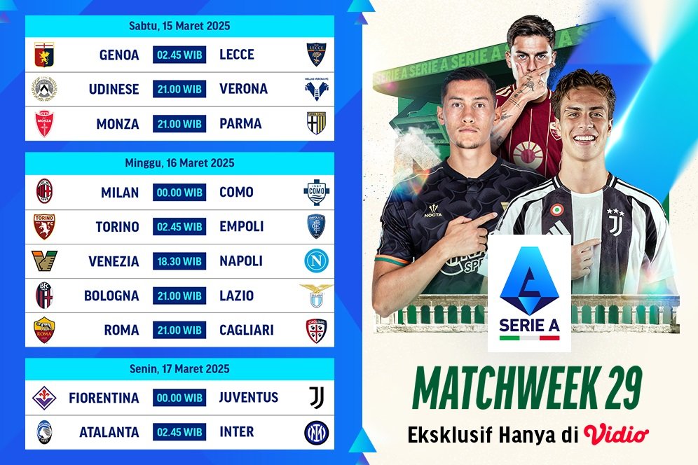 Jadwal Live Streaming Serie A 2024/25 Matchweek 29 Pekan Ini di Vidio 
