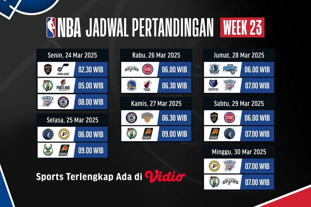 Jadwal Pertandingan Pekan 23 NBA 2024/2025 di Vidio Jadwal Pertandingan Pekan 23 NBA 2024/2025 di Vidio