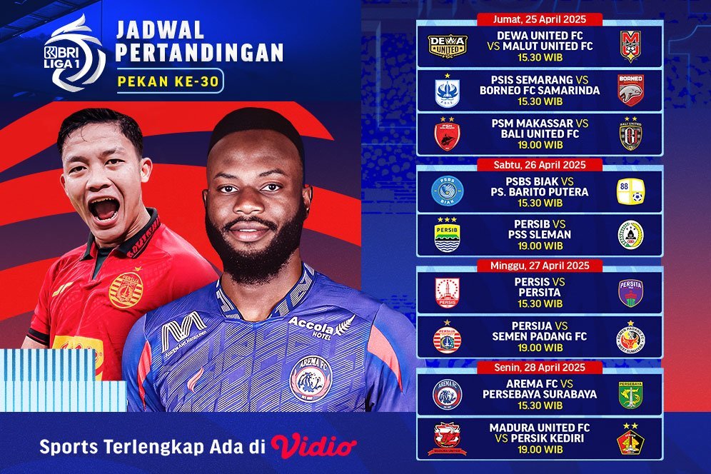 Jadwal dan Link Live Streaming BRI Liga 1 2024/2025 Week 30 di Vidio