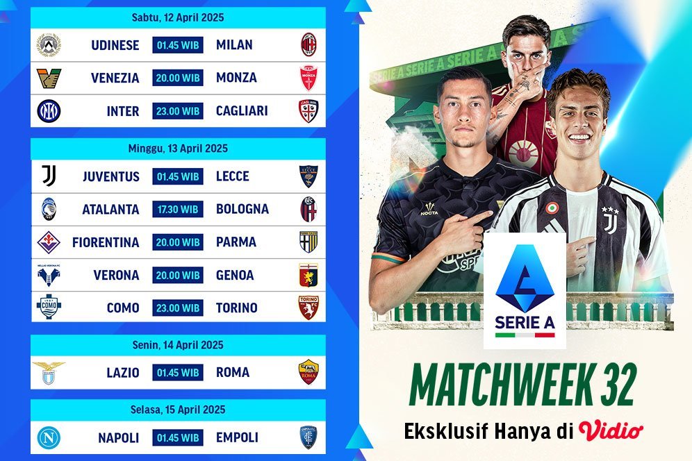Jadwal Live Streaming Serie A 2024/25 Matchweek 32 di Vidio, 12 - 15 April 2025 Jadwal Live Streaming Serie A 2024/25 Matchweek 32 di Vidio, 12 - 15 April 2025