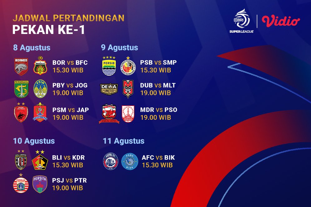 Simak Jadwal Streaming BRI Super League 2025/26 pada Matchweek 1 di Vidio