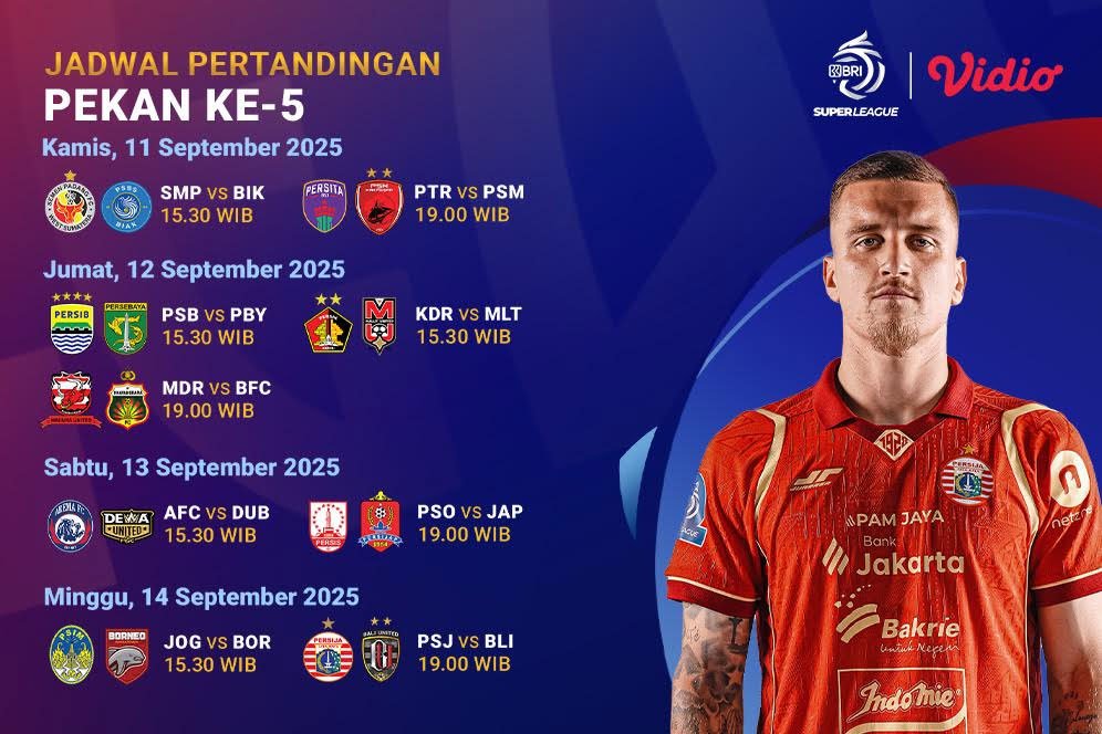 Jadwal dan Siaran Langsung BRI Super League 2025/2026 Pekan Kelima, Eksklusif di Vidio Jadwal dan Siaran Langsung BRI Super League 2025/2026 Pekan Kelima, Eksklusif di Vidio