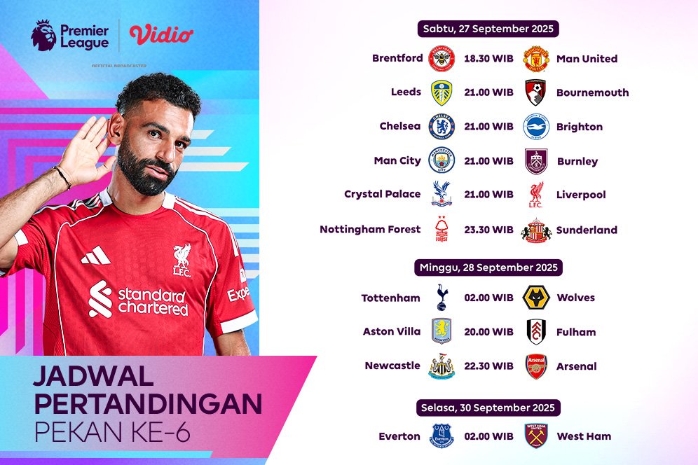 Cek Jadwal Lengkap Liga Inggris 2025/2026 Pekan Keenam, Live Streaming Hanya di Vidio