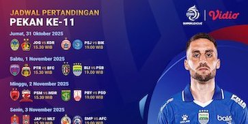 Cek Jadwal BRI Super League 2025/26 Pekan ke-11, Tayang Eksklusif di Vidio Cek Jadwal BRI Super League 2025/26 Pekan ke-11, Tayang Eksklusif di Vidio