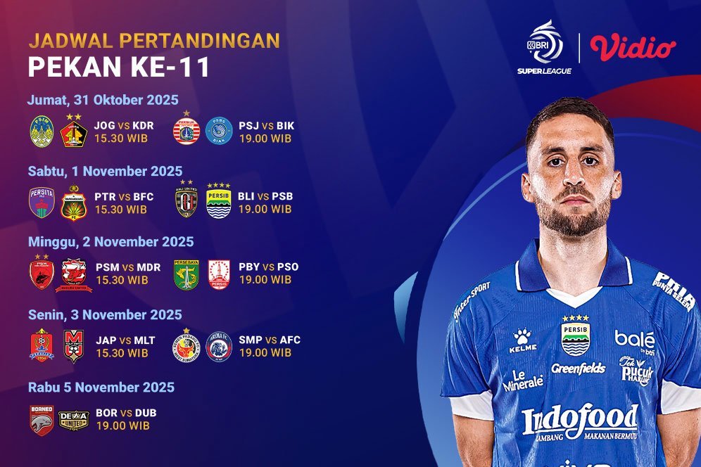 Cek Jadwal BRI Super League 2025/26 Pekan ke-11, Tayang Eksklusif di Vidio Cek Jadwal BRI Super League 2025/26 Pekan ke-11, Tayang Eksklusif di Vidio