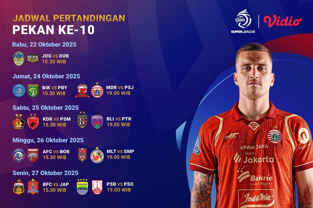 Cek Jadwal dan Nonton BRI Super League 2025/26: Pekan Ke-10 Tayang Eksklusif di Vidio Cek Jadwal dan Nonton BRI Super League 2025/26: Pekan Ke-10 Tayang Eksklusif di Vidio