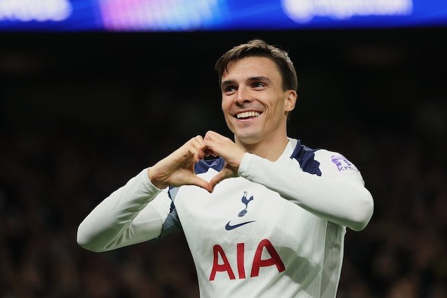 Babak Pertama Selebrasi Joao Palhinha dalam laga Liga Champions antara Tottenham vs FC Copenhagen, Rabu (5/11/2025). (c) AP Photo/Ian Walton