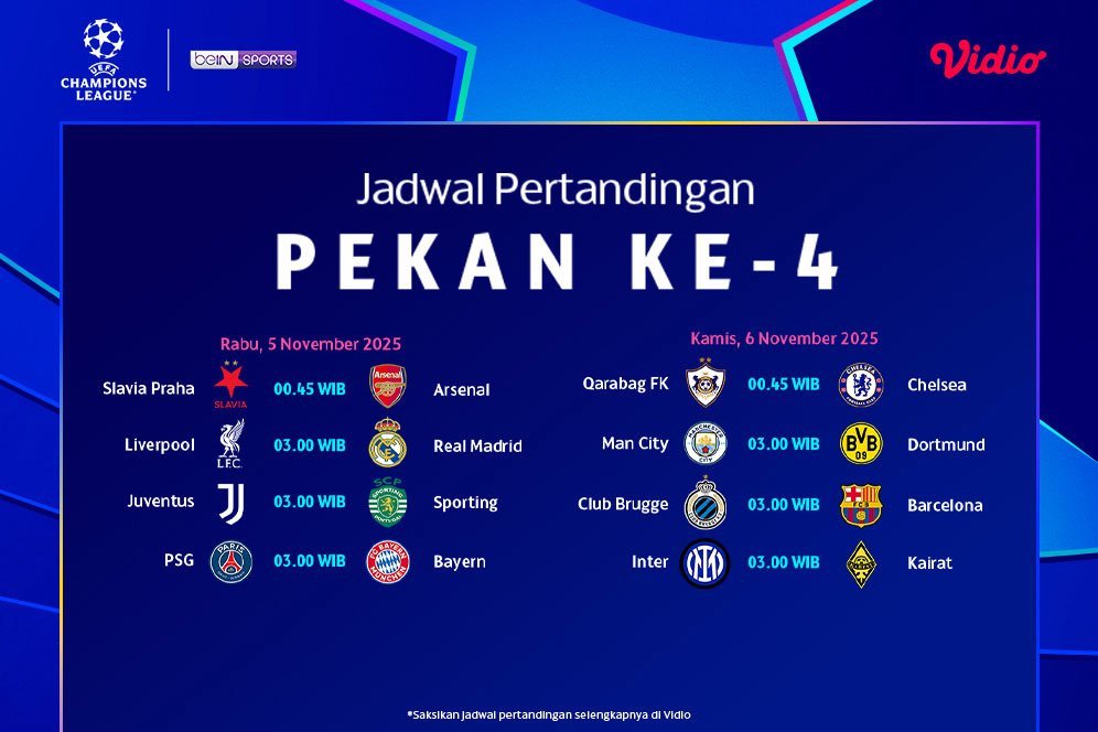 Cek Jadwal dan Nonton Liga Champions Pekan ke-4: Tayang Eksklusif di Vidio Cek Jadwal dan Nonton Liga Champions Pekan ke-4: Tayang Eksklusif di Vidio