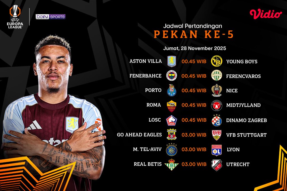 Simak Jadwal Liga Europa 2025/26 Pekan ke-5: Saksikan Live Eksklusif di Vidio Simak Jadwal Liga Europa 2025/26 Pekan ke-5: Saksikan Live Eksklusif di Vidio