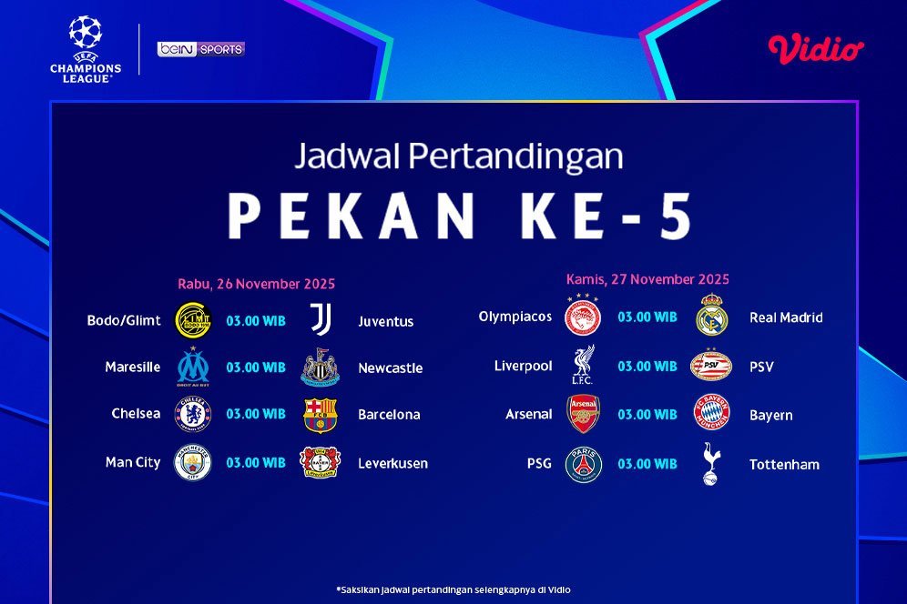Jadwal Liga Champions 2025/26 Pekan ke-5, Tayang di Vidio