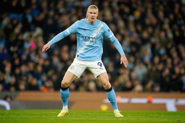 Top Skor Premier League Striker Manchester City Erling Haaland saat berlaga dalam pertandingan Liga Inggris melawan Sunderland di Etihad, Sabtu, 6 Desember 2025. (c) AP Photo/Dave Thompson