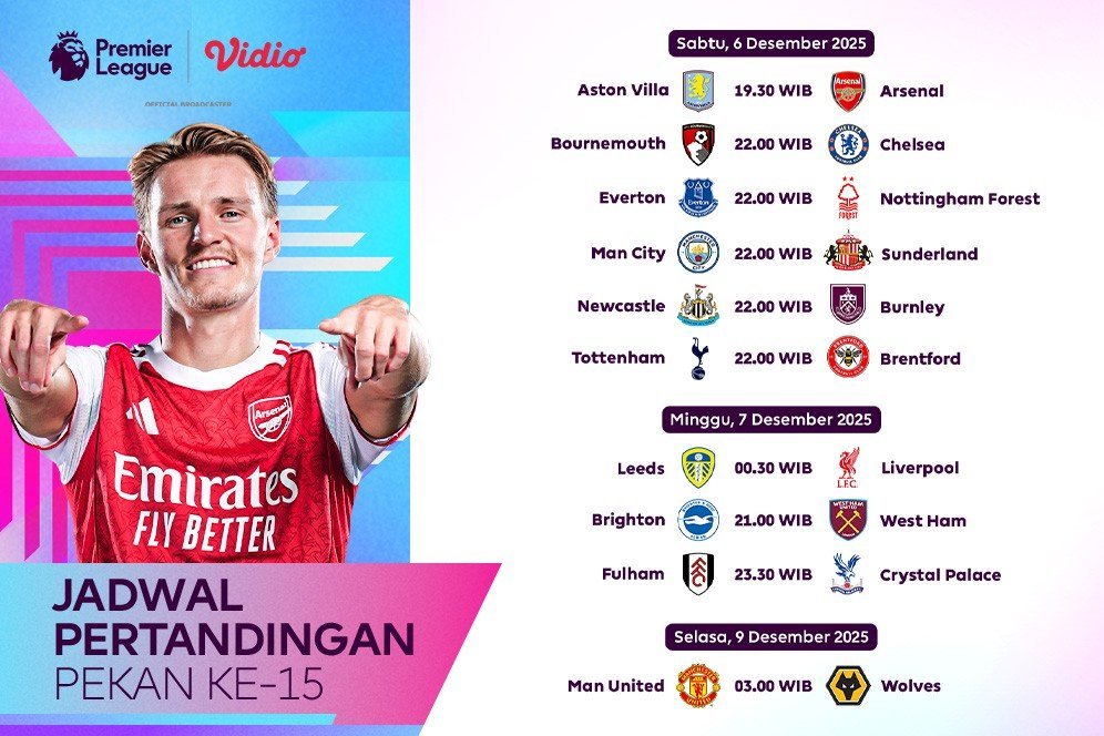 Simak Jadwal Pertandingan Liga Inggris Pekan ke-15 2025/2026, Eksklusif di Vidio