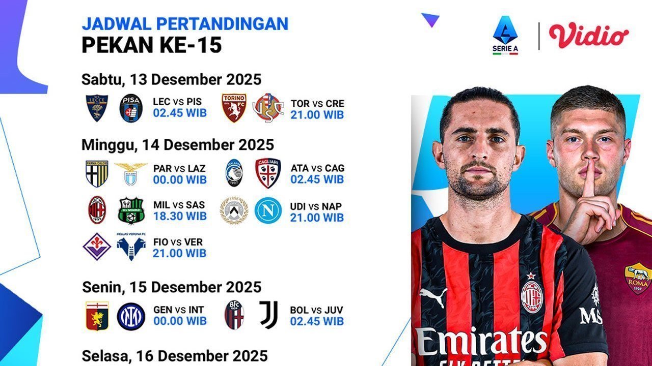 Jadwal Live Streaming Serie A 2025/26 Matchday 15 di Vidio Akhir Pekan Ini