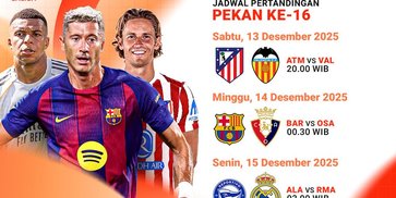 Jadwal Siaran Langsung Liga Spanyol 2025/26 Matchday 16 di Vidio Jadwal Siaran Langsung Liga Spanyol 2025/26 Matchday 16 di Vidio