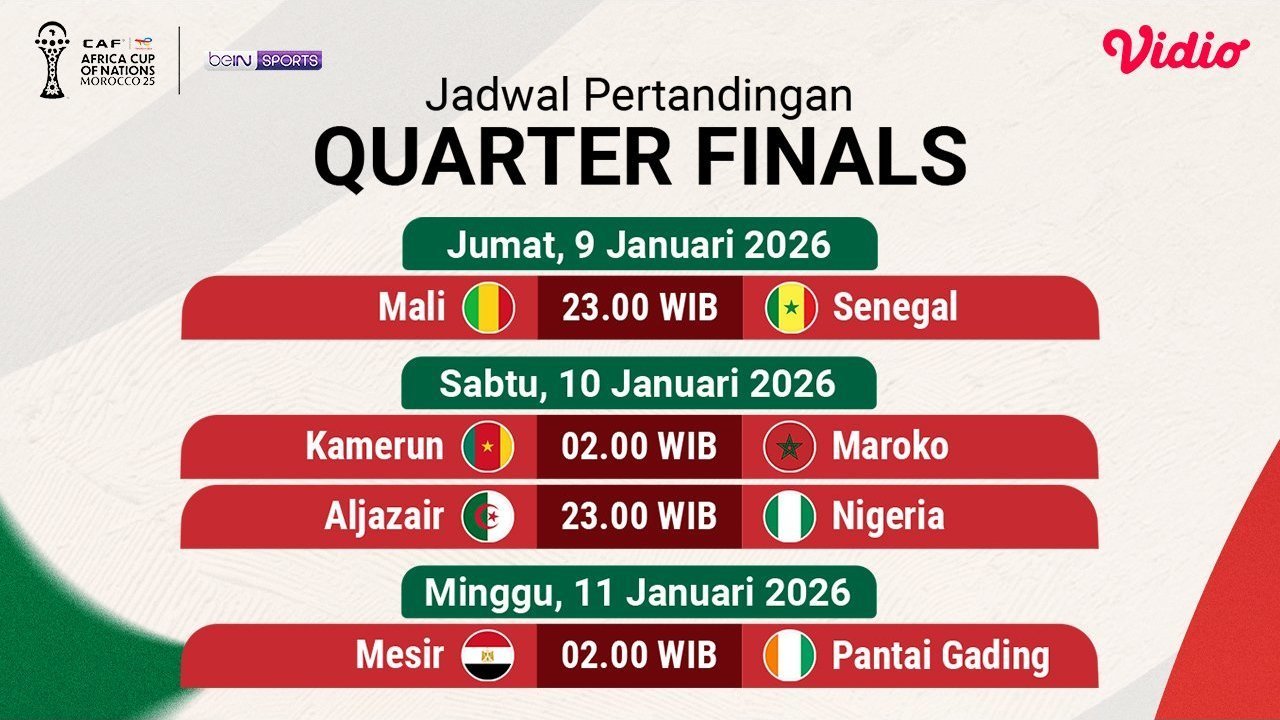 Jadwal Siaran Langsung Perempat Final Piala Afrika 2025 di Vidio, 9 - 11 Januari 2026