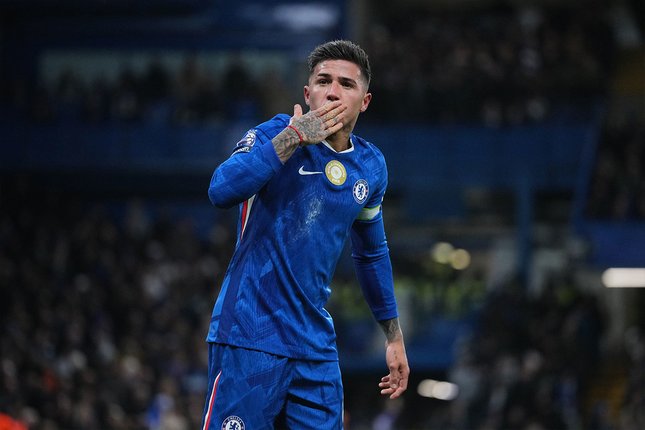 Selebrasi Enzo Fernandez usai mencetak gol di laga Chelsea melawan Bournemouth, 31 Desember 2025 pada lanjutan Liga Inggris. (c) AP Photo/Kin Cheung