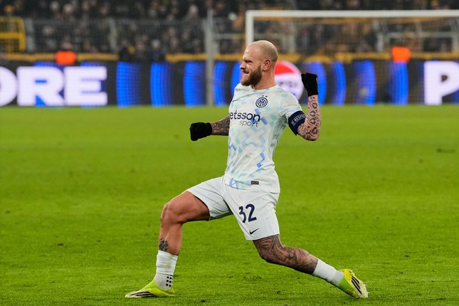 Pemain Inter Milan Federico Dimarco merayakan gol pada laga fase liga Liga Champions antara Borussia Dortmund vs Inter Milan di Dortmund, Jerman, Rabu, 28 Januari 2026 (c) AP Photo/Martin Meissner
