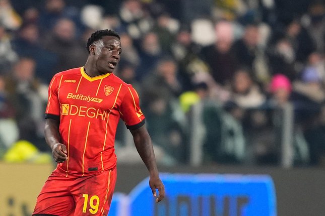 Pemain Lecce, Lameck Banda, bereaksi pada laga Serie A/Liga Italia antara Juventus vs Lecce di Turin, Italia, Sabtu, 3 Januari 2026 (c) Fabio Ferrari/LaPresse via AP