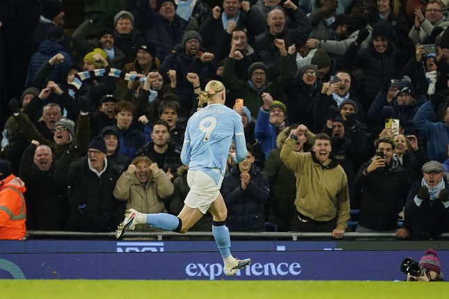 Pemain Manchester City, Erling Haaland, merayakan gol pada laga Premier League/Liga Inggris antara Man City vs Brighton di Manchester, Inggris, Rabu, 7 Januari 2026 (c) AP Photo/Dave Thompson