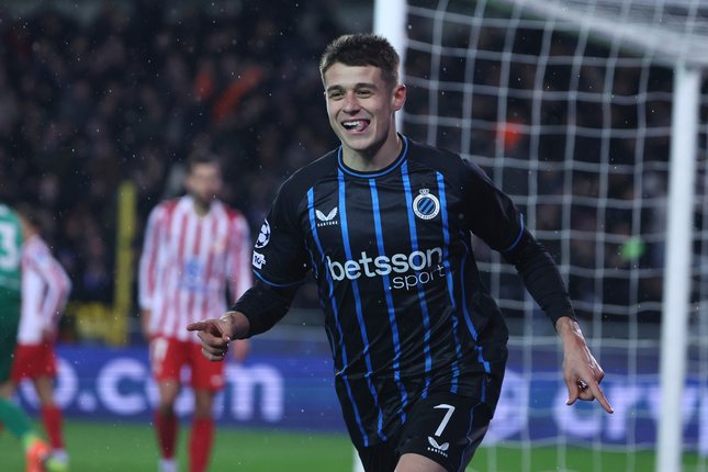 Selebrasi Nicolo Tresoldi dalam laga Liga Champions antara Club Brugge vs Atletico Madrid, Kamis (19/2/2026). (c) AP Photo/Omar Havana