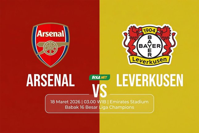 Perkiraan Susunan Pemain dan Prediksi Skor Pertemuan Arsenal vs Bayer Leverkusen di babak 16 besar Liga Champions 2025-2026. (c) Bola.net