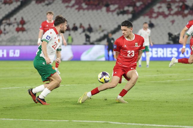 Performa Agresif Indonesia pada Babak Kedua Aksi Justin Hubner pada laga Timnas Indonesia vs Bulgaria pada final FIFA Series, Senin (30/3/2026) (c) Abdul Aziz