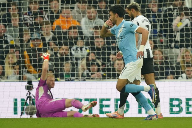 Selebrasi Omar Marmoush di laga Newcastle vs Manchester City, Minggu (08/03/2026). (c) AP Photo/Ian Hodgson
