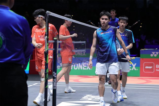 Raymond Indra/Nikolaus Joaquin saat melawan Kim Won Ho/Seo Sung Jae di All England 2026. (c) PBSI