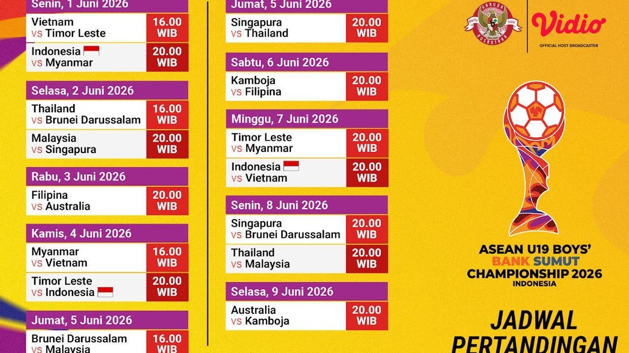 Catat Jadwal Pertandingan ASEAN U19 Boys Championship 2026 di Vidio Catat Jadwal Pertandingan ASEAN U19 Boys Championship 2026 di Vidio