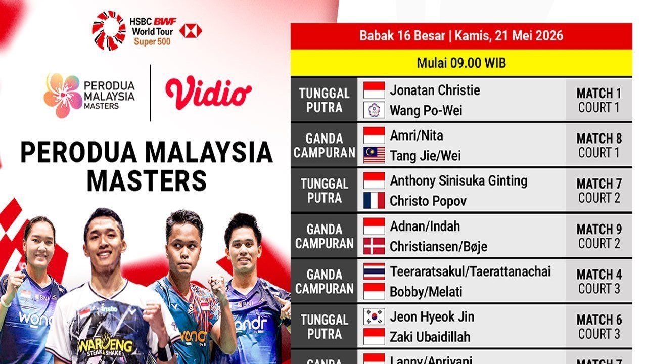 BWF Perodua Malaysia Masters 2026 - Round of 16: Siaran Langsung di Vidio BWF Perodua Malaysia Masters 2026 - Round of 16: Siaran Langsung di Vidio