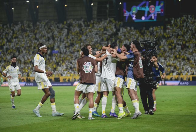 Jalannya Pertandingan di Alawwal Park Selebrasi pemain Al Nassr setelah Cristiano Ronaldo mencetak gol ke gawang Damac, 22 Mei 2026. (c) AlNassrFC