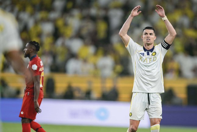 Akhir Puasa Gelar Cristiano Ronaldo dan Tatap Piala Dunia Selebrasi bintang Al Nassr, Cristiano Ronaldo usai mencetak gol ke gawang Damac. (c) AlNassrFC